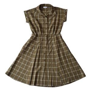 Calvin Klein Green Khaki and White Plaid Button Up Collared Shirt Dress Size 6